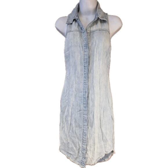 Guess Denim Button Up Shirt Dress With Cut Out Back Fringed Bottom Sz S - Picture 1 of 5